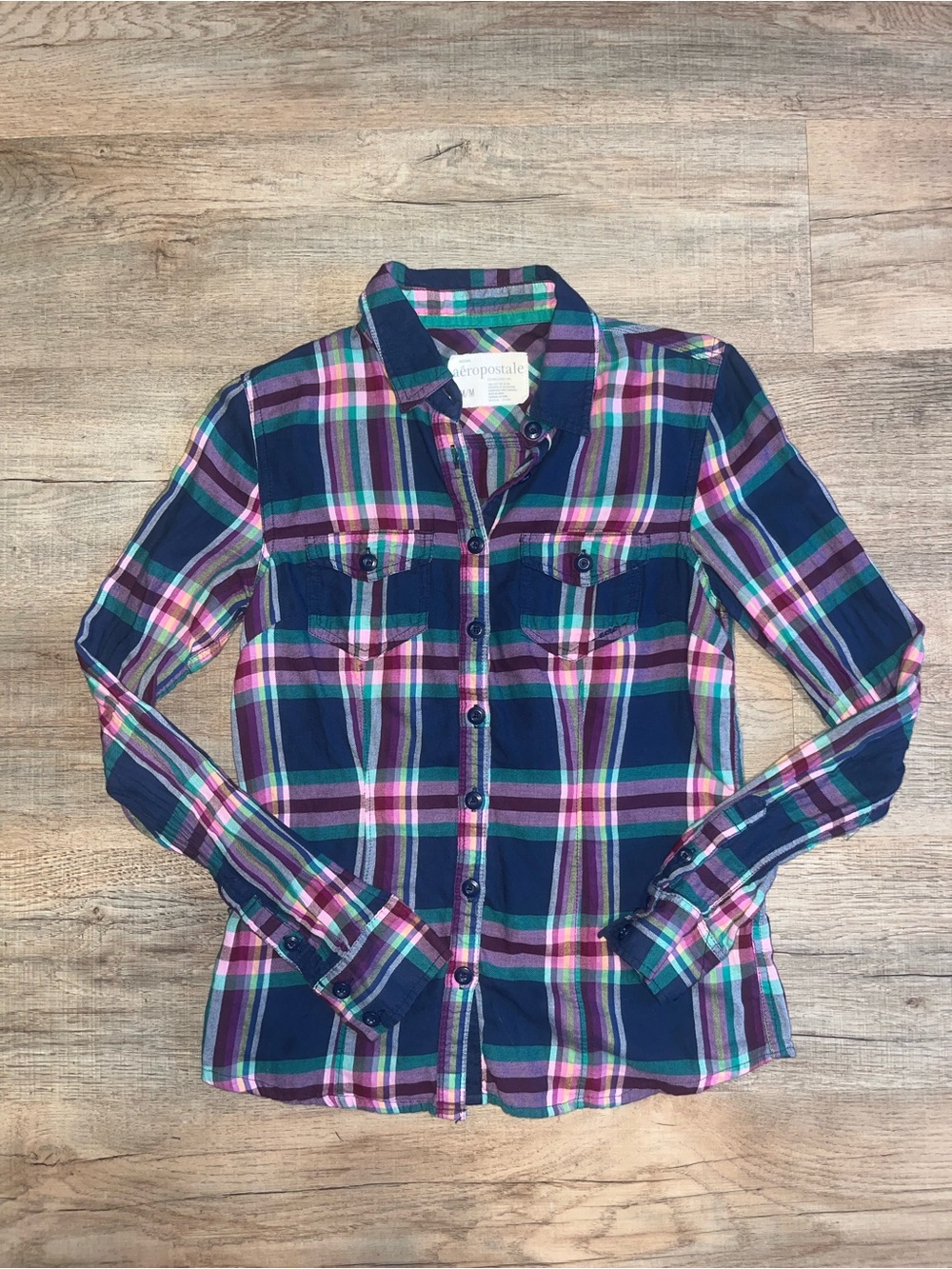 Aeropostale Vintage Y2K Navy Plaid Button-Up Shirt - Pink & Teal Accents